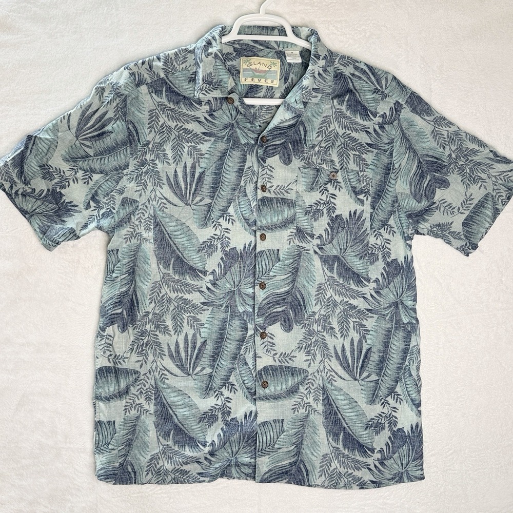 Island Fever Hawaiian Shirt Blue Tropical Rayon Linen Camp Shirt Mens M Aloha